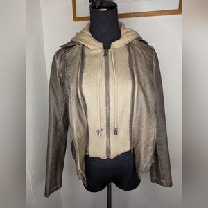 Bernardo Ladies Faux Leather & Knit Removable Panel Gray/Brown Moto Jacket Sz XS